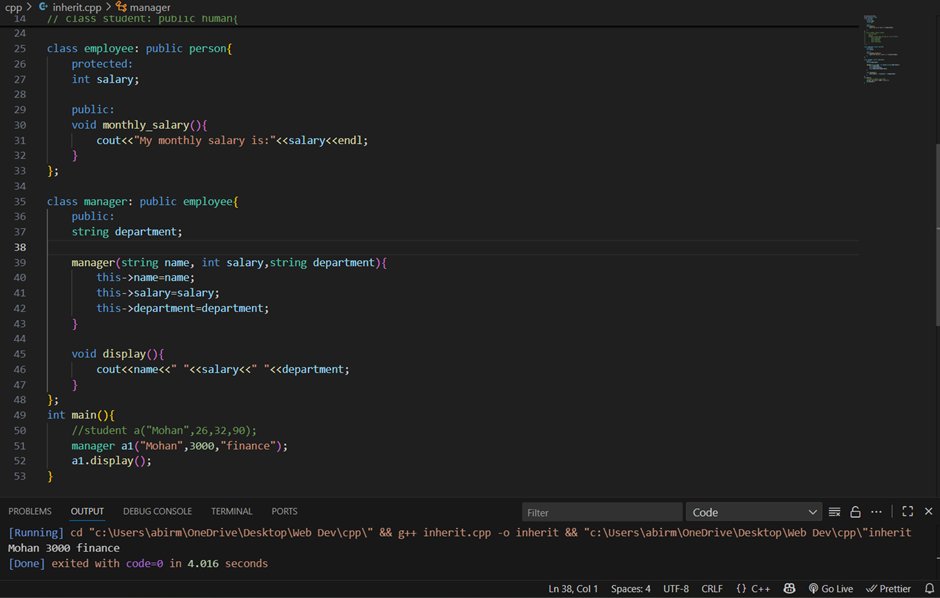 Night_fang_'s tweet image. Day 75 of #DSA & #CPP journey with @rohit_negi9 :
🚀Today's topics:
🔹Completed lecture 74
🔹Types of Inheritance
🔹Single Inheritance
🔹Multilevel Inheritance
🔹Multiple Inheritance
🔹Hierarchical Inheritance
🔹Hybrid Inheritance
🔹Multipath Inheritance
#180DaysOfCode #DSA #CPP