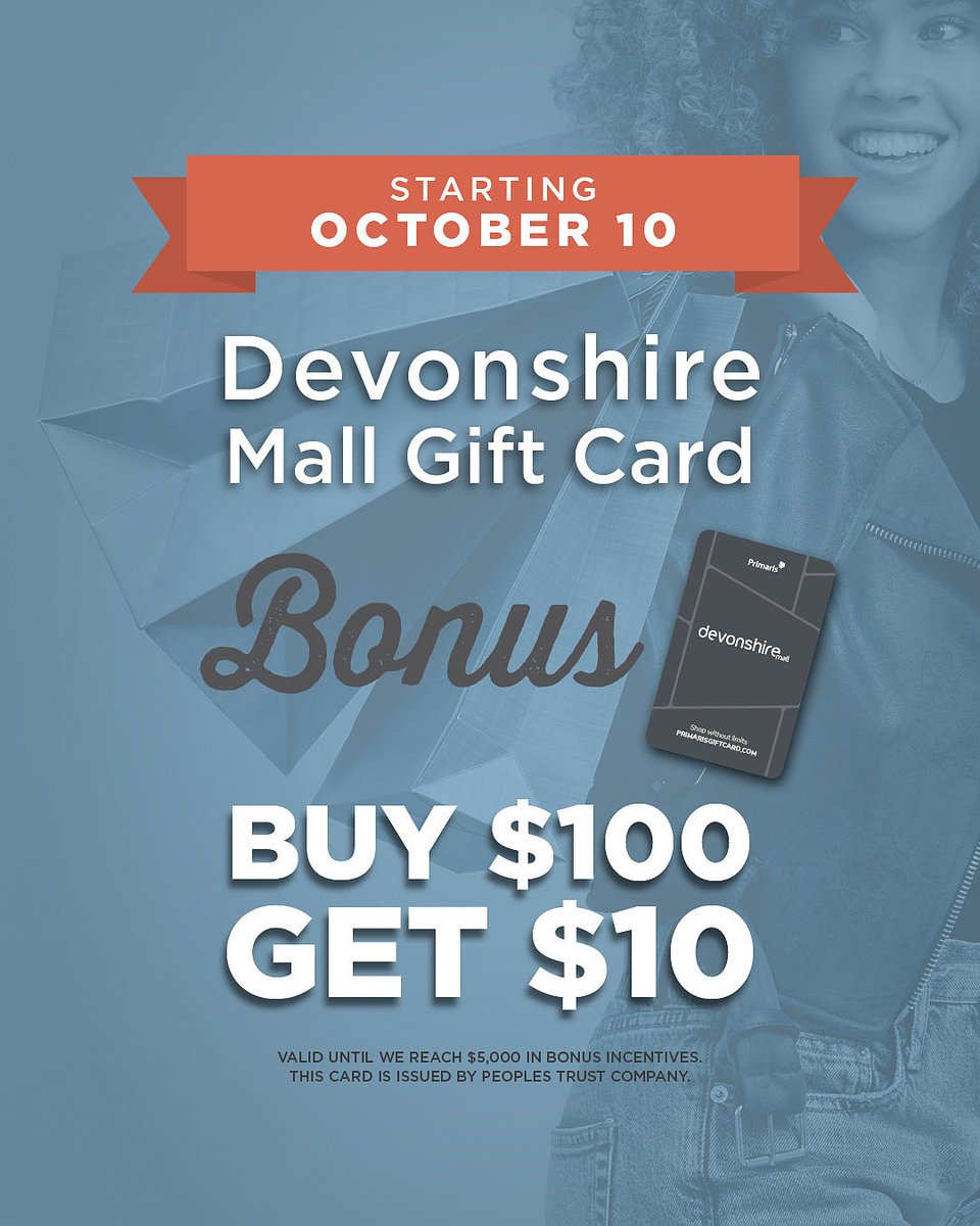 devonshiremall's tweet image. LAST DAY 🚨The gift that’s always in style!

Start your holiday shopping! Purchase $100 in Devonshire Mall Gift Cards, get a $10 bonus Gift Card.  Valid for every $100 purchased until we reach $5,000 in bonus incentives #devonshirestyle #dmallgiftcardbonus #primarisgiftcards