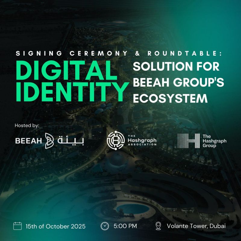 SYCR6h8A4qUyAHf's tweet photo. https://t.co/X7CnJdfxZA
Join us for the Signing Ceremony & Roundtable marking the launch of a decentralized digital identity (DID) solution for #BEEAH Group’s ecosystem, powered by #Hedera. https://t.co/TAl7D79YBr