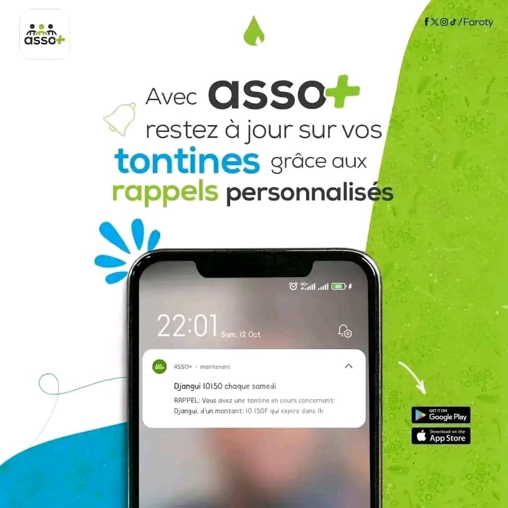 📱 ASSO+ – Ne ratez plus vos tontines !
Grâce aux rappels personnalisés, restez toujours à jour et gérez vos cotisations en toute sérénité.

📱faroty.com/dl/groups

#ASSOPLUS #Tontines #VieAssociative #InnovationDigitale