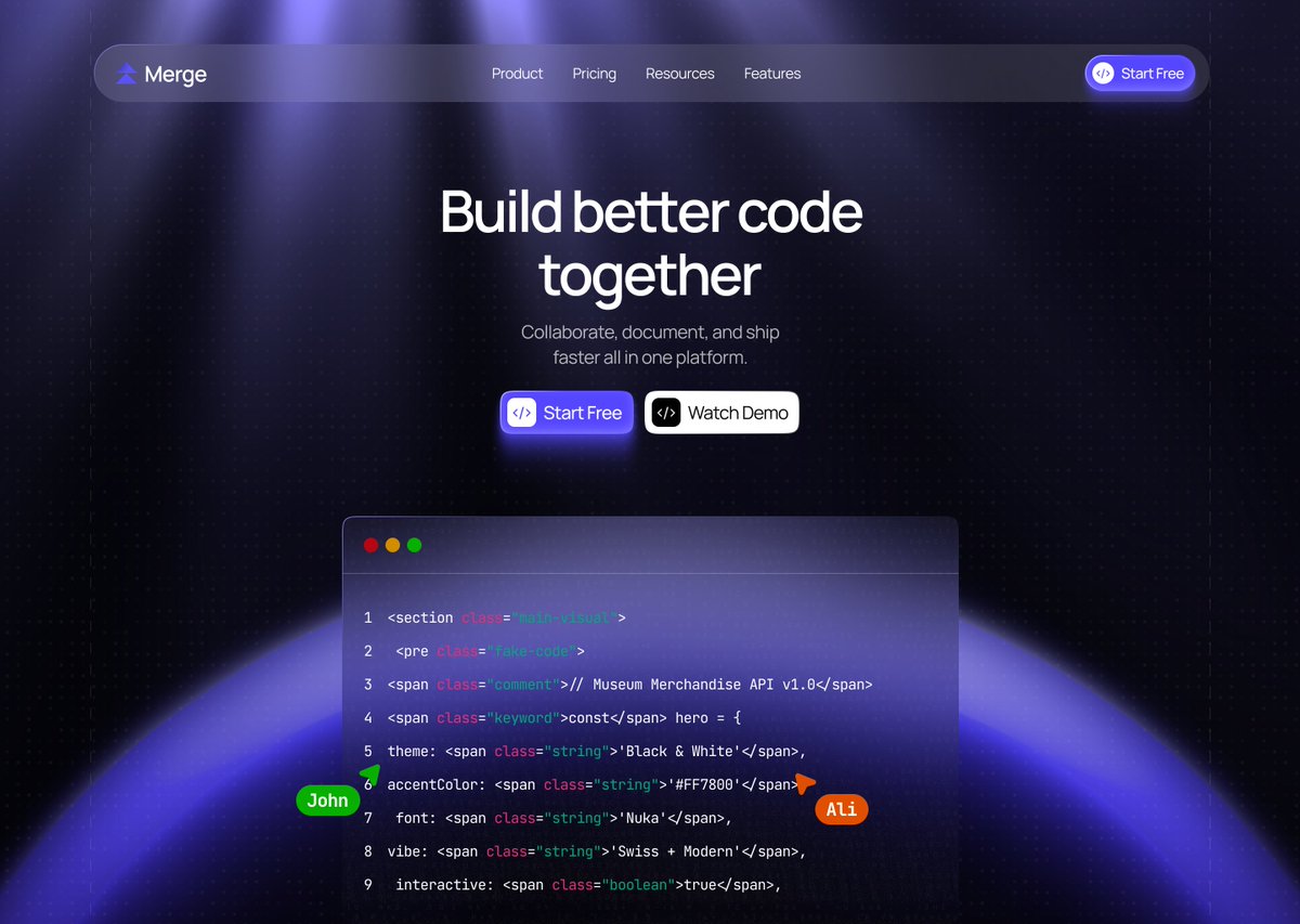 designbyalii's tweet image. Hero section for collaborative coding tool website 🪄✨