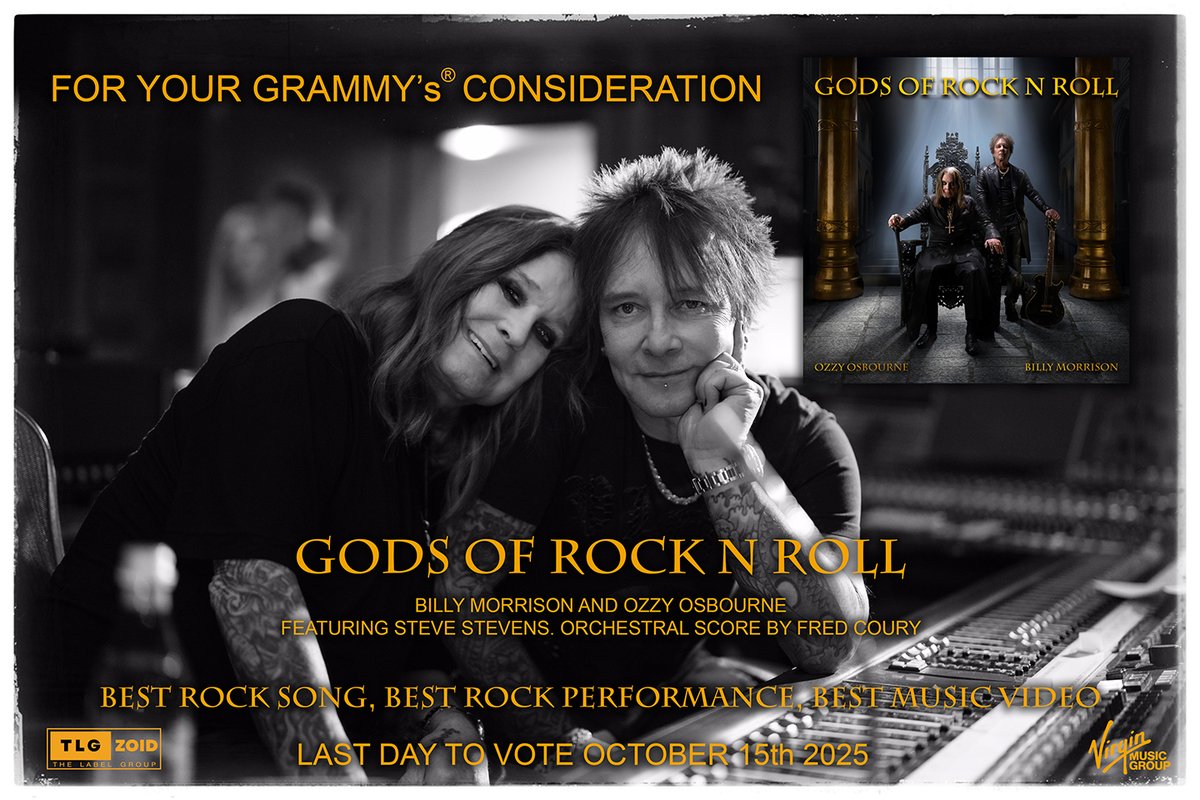 BillyMorrison's tweet image. Its the last day to vote for a Grammy Nomination for the @BillyMorrison &amp;amp; @OzzyOsbourne hit song GODS OF ROCK N ROLL. Featuring @Stevestevens an orchestral score by @fredcoury the song was mixed by Barry Pointer and mastered by Dna Mastering - the video was directed by Ivo Raza
