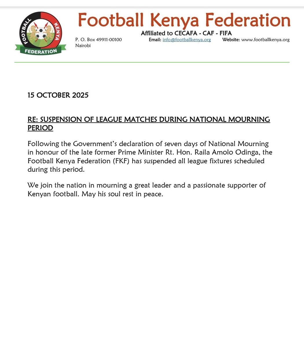 FKF suspends all league matches during the 7 day national mourning period. 💔