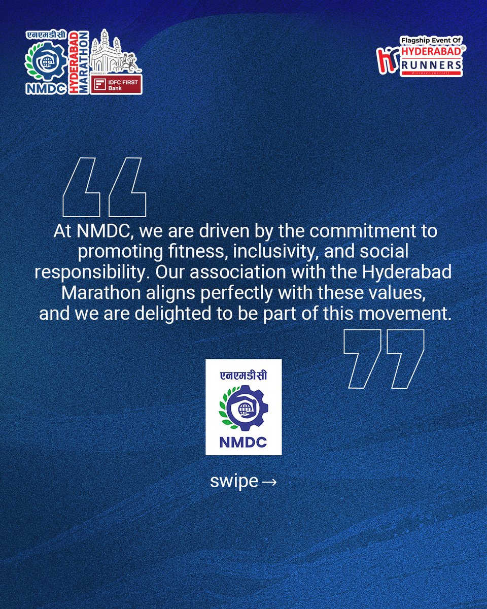 Behind every cheer, every medal, and every runner’s smile stands a powerful partnership.
Thank you, NMDC, for championing the cause of fitness, community, and giving back — year after year.
Together, we’re running toward a stronger tomorrow.
#NMDC #HyderabadMarathon #ThankYou