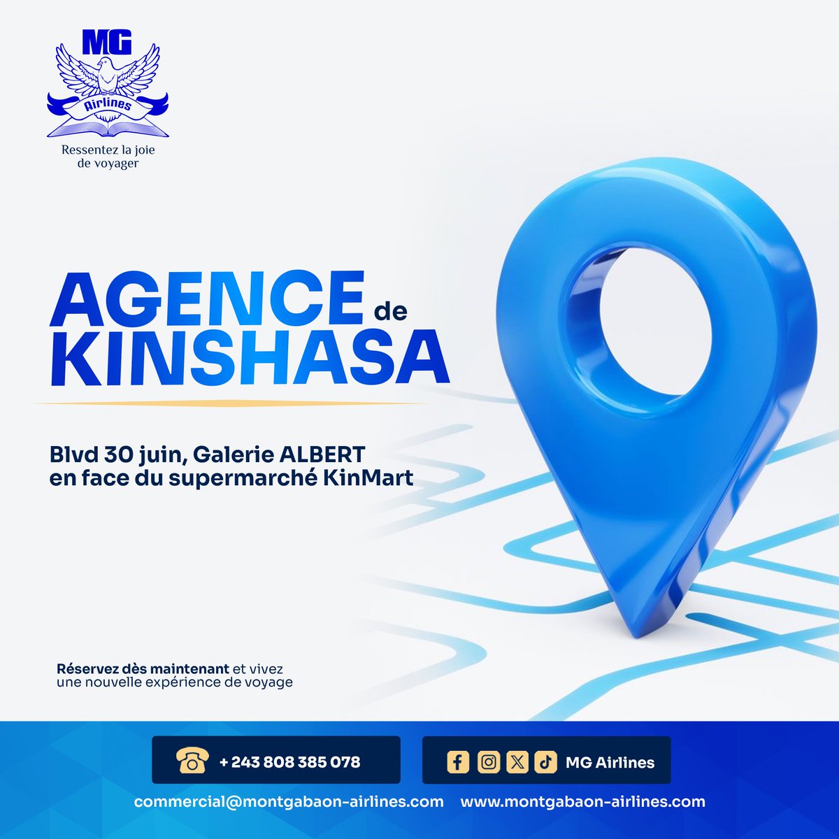 montgabaon's tweet photo. HEY KINSHASA !!!
MG Airlines vous ouvre ses portes au Blvd 30 Juin, Galerie Albert (en face du supermarché KinMart) 
Après chaque achat de billet, des cadeaux surprises vous attendent!
Passez dès maintenant à notre agence et ressentez la joie de voyager avec MG Airlines. https://t.co/3wyPW6MuZz