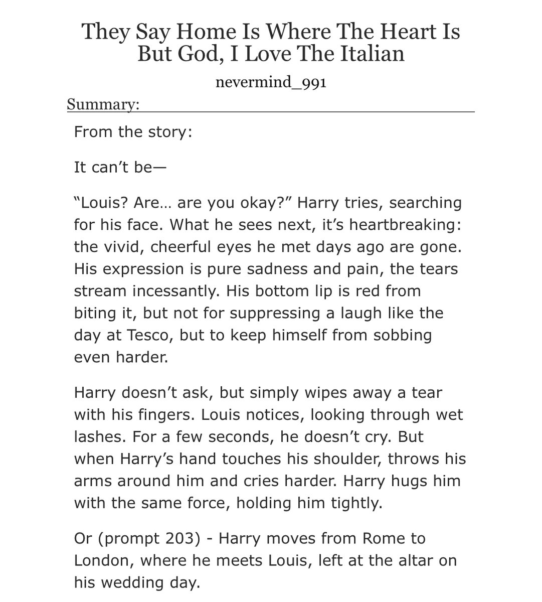 ू ₒ ु ˚ ू ₒ ु  They Say Home Is Where The Heart Is But God, I Love The Italian 

Summery: (203)-- Harry moves from Rome to London, where he meets Louis, left at the altar on his wedding day.
(38k)

Written for <a href="/BLFicFest/">BL Fic Fest 2025</a> 

archiveofourown.org/works/70578996…