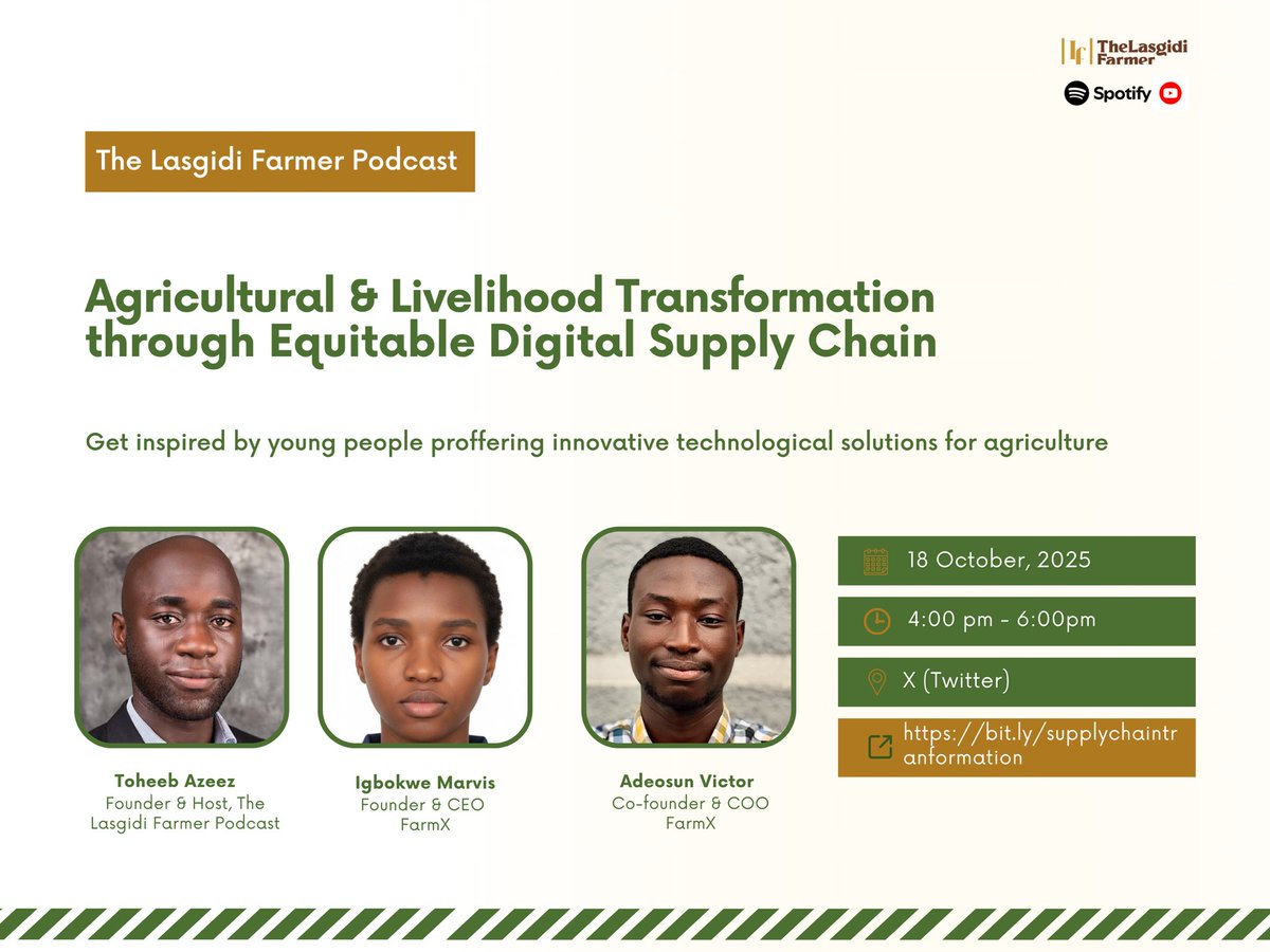 Transparent &amp; efficient supply chain is vital for rapid food supply &amp; fair margin spread.

The young creatives <a href="/FarmX_ng/">FarmX</a> promote this via a digital intelligent system.

Join us 4pm this Sat to explore viabke food supply chain &amp; their work. <a href="/bosuntijani/">Dr. 'Bosun Tijani</a>

🔗 bit.ly/supplychaintr