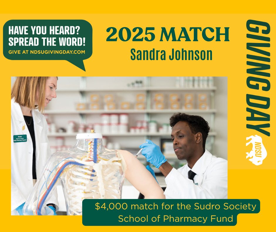 Today's highlights are on the generous matches from our donors

Second match of the day is the Sandra Johnson Sudro Society School of Pharmacy Fund Match is a $4,000 match for the Sudro Society School of Pharmacy Fund

#ndsugivingday2025 bit.ly/438f6tD