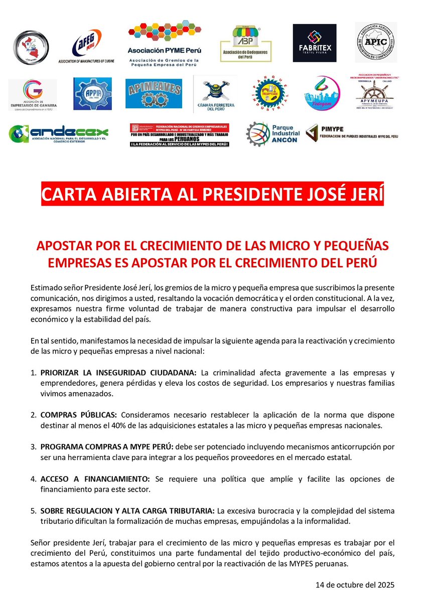ABPBodegasPeru's tweet photo. 📢 Carta abierta al Presidente José Jerí

La ABP, junto a los principales gremios de las micro y pequeñas empresas del país, suscribe esta carta abierta con un mensaje claro:
apostar por las MYPES es apostar por el crecimiento del Perú. 🇵🇪

#ABPOficial #UnidosPorLasMypes https://t.co/JACsb4I0dc