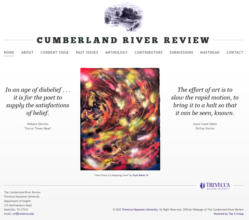 Excited to announce Issue 14.4, featuring new work by Bill Brymer, Zary Fekete, Ken Holland, Justin Hunt, Robert S. King, Mercedes Lawry, Matt Poindexter, John Schneider, Doug Talley, Reagan Upshaw, and Jeanne Wagner. Check it out!

crr.trevecca.edu
