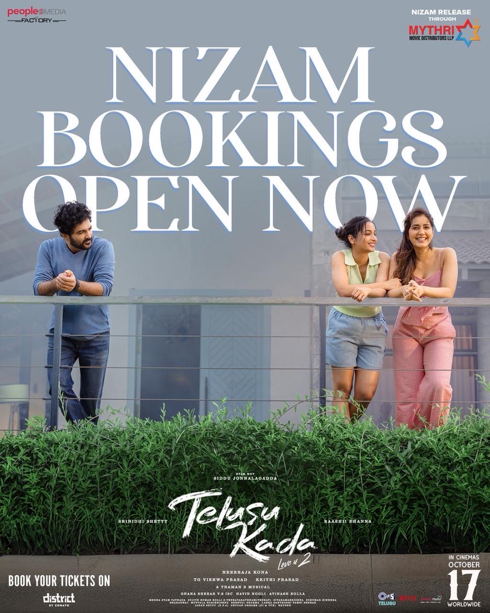 Lets OTT x CINEMA (@letsottxcinema) on Twitter photo #TelusuKada NIZAM Bookings Open Now on <a href="/district_india/">District</a> 🥳✨
Book your tickets now
🎟️ bit.ly/TelusuKadaDst
Grand Release across NIZAM by @mythrirelease on October 17th ✨
#LoveU2 #UnapologeticallyRadical
STAR BOY <a href="/Siddubuoyoffl/">Siddhu Jonnalagadda</a> <a href="/NeerajaKona/">Neerajaa Kona</a> #RaashiiKhanna <a href="/SrinidhiShetty7/">Srinidhi Shetty</a> #TelusuKada NIZAM Bookings Open Now on <a href="/district_india/">District</a> 🥳✨
Book your tickets now
🎟️ bit.ly/TelusuKadaDst
Grand Release across NIZAM by @mythrirelease on October 17th ✨
#LoveU2 #UnapologeticallyRadical
STAR BOY <a href="/Siddubuoyoffl/">Siddhu Jonnalagadda</a> <a href="/NeerajaKona/">Neerajaa Kona</a> #RaashiiKhanna <a href="/SrinidhiShetty7/">Srinidhi Shetty</a>