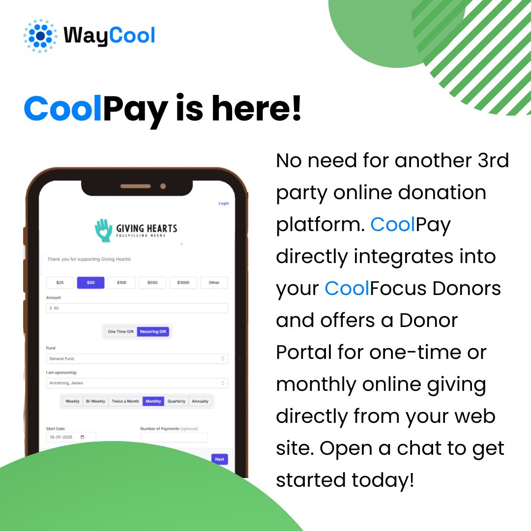 No need for another 3rd party online donation platform. CoolPay directly integrates into your CoolFocus Donors and offers a Donor Portal for one-time or monthly online giving directly from your web site. Open a chat to get started today!
waycoolsw.com/coolpay/