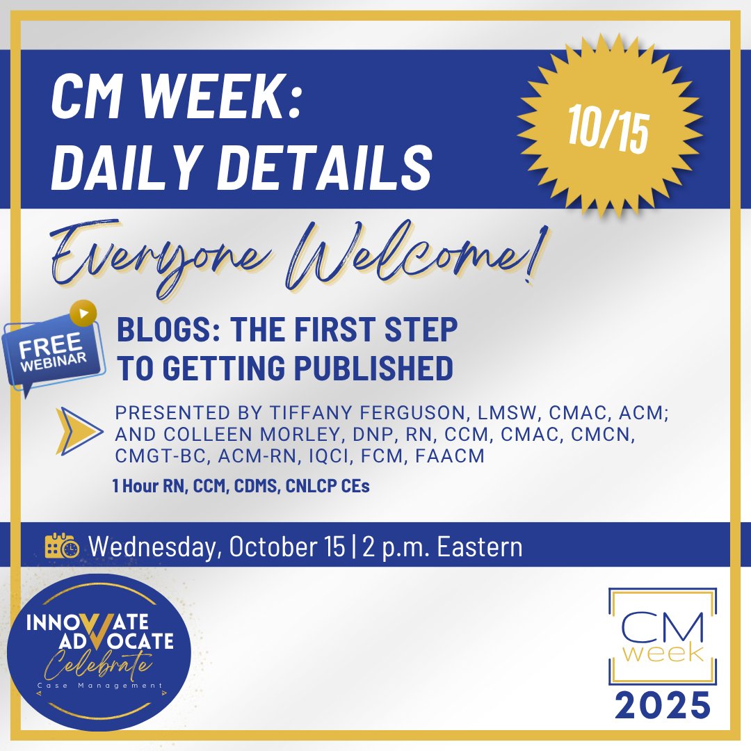 CMSANational's tweet image. Day 3 of #CMWeek! Stop thinking about publishing &amp;amp; start writing! ✍️

Join our FREE webinar: Blogs: The First Step to Getting Published.

1 Hour CE available (RN, CCM, CDMS, CNLCP)

Register now: [pathlms.com/cmsa/courses/1…]
#CMSA #CareerGrowth #CaseManagement