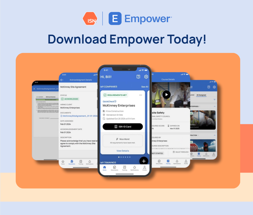 join_empower's tweet photo. With Empower®, ISN's free mobile app for workers, frontline workers can:
• Access work-readiness information and ISN ID
• View compliance status
• Complete training on-the-go
• Generate AI-powered Toolbox Talks™
Download Empower today to get started! https://t.co/jTsVUMpKhg https://t.co/KLEPUtGUye