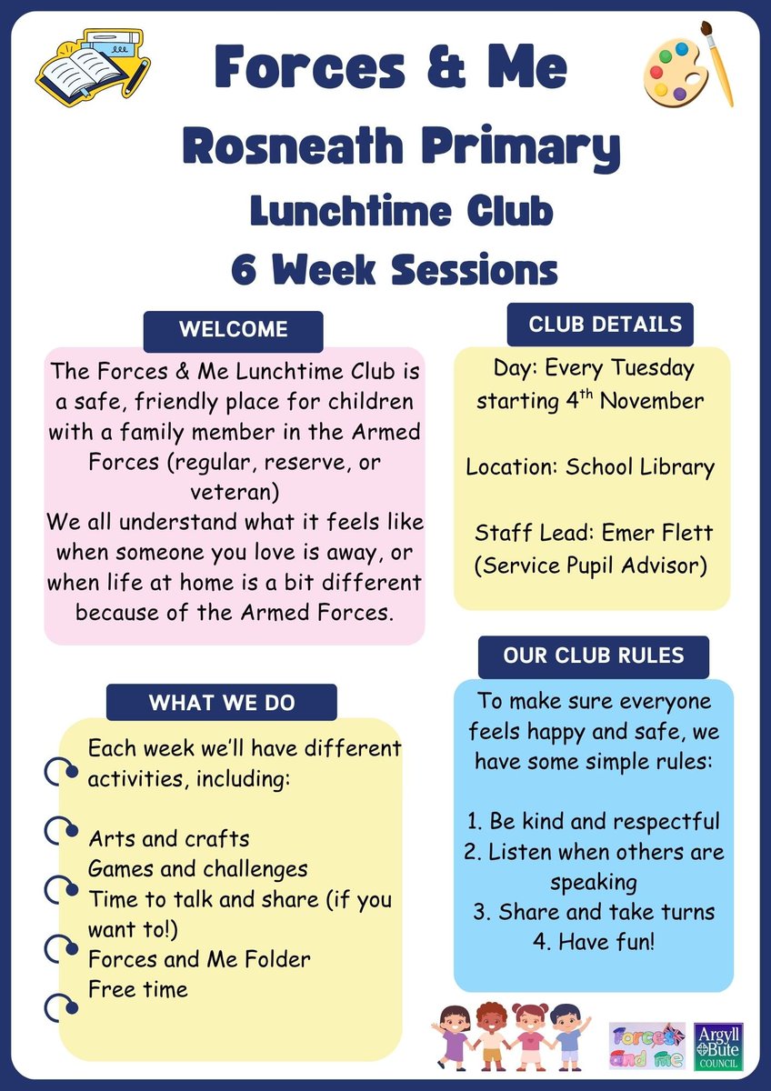 🌟 Forces and Me Lunchtime Clubs are back after the October break!

📍 Mon: Hermitage Academy (Friday club paused)
📍 Tues: Rosneath PS (4 Nov–9 Dec)
📍 Thurs: Colgrain PS
 • P4–P7 finishes 30 Oct
 • P1–P3 runs 6 Nov–11 Dec

More schools coming soon! 💬✨
#Forcesandme