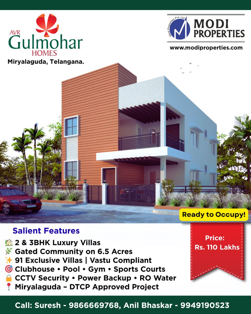 ModiProjectshyd's tweet photo. 🌿 Discover a life of peace &amp; comfort at AVR Gulmohar Homes – 2 &amp; 3BHK luxury villas in Miryalaguda!
Enjoy modern amenities, lush greenery &amp; secure gated living. 🏡✨

📞 Call: 9866669768
🌐 https://t.co/5v6unyn8LY

#AVRGulmoharHomes #LuxuryVillas #Miryalaguda #GatedCommunity https://t.co/Ghu9laBS6o