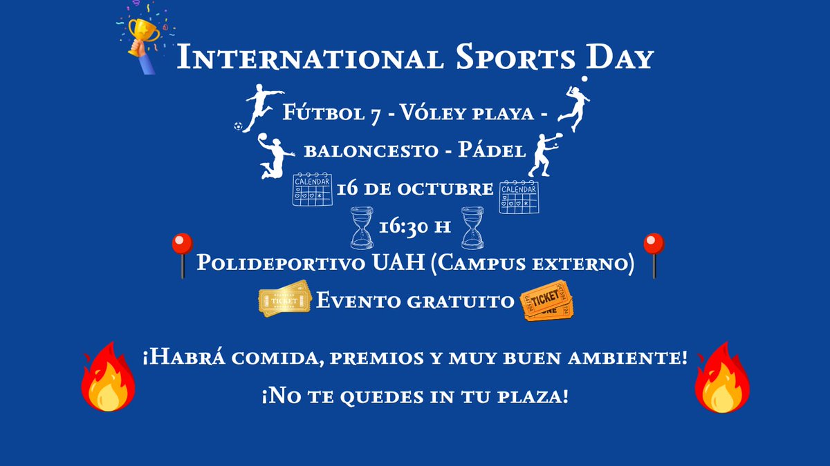 eur03.safelinks.protection.outlook.com/?url=https%3A%… 
Inscríbete al International Sports Day, un evento donde estudiantes Erasmus y locales de la Universidad de Alcalá formarán equipos y competirán en torneos amistosos.
¡Atención: las plazas son limitadas!