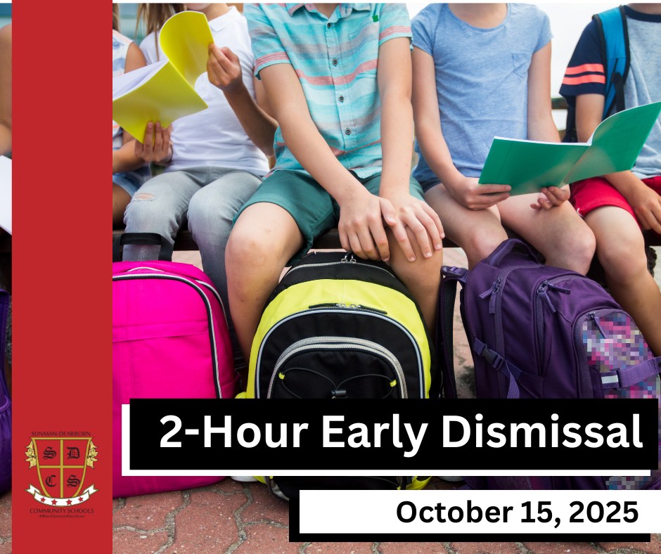 Important School Calendar Reminder:

Wednesday, October 15, 2025, is a 2-Hour Early Dismissal Day so teachers can work on Professional Development.
