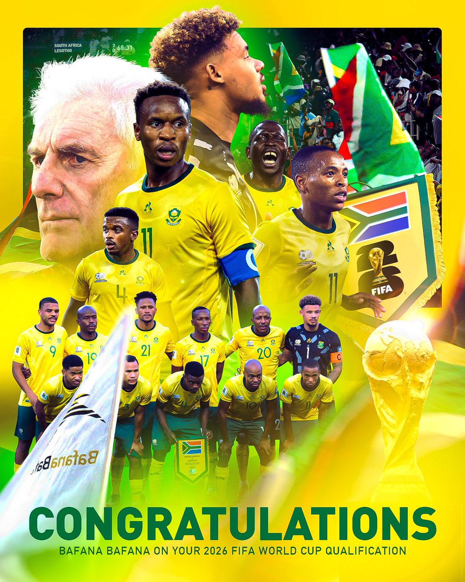 ProteasMenCSA's tweet image. The epitome of being #Unshakable 🇿🇦⚽️

Bafana Bafana have booked their spot at the FIFA World Cup 2026 in the USA! 🏆

A triumph of pride, passion and South African spirit. Congratulations gents, you’ve made the nation proud! 

#BafanaBafana
📸: @denganet_