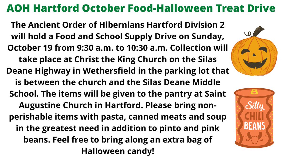 We will be holding our monthly Food Drive this Sunday in <a href="/WethersfieldCT/">Historic Wethersfield</a> at Christ the King Parish to benefit the pantry at Saint Augustine Church in Hartford. Feel free to bring along an extra bag of Halloween treats! <a href="/NBCConnecticut/">NBC Connecticut</a> <a href="/WFSBMorningTeam/">WFSB Morning Team</a> <a href="/FOX61News/">FOX61</a> <a href="/WTNH/">WTNH News 8</a>