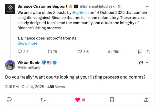 Binance deleted their comment regarding <a href="/cjhtech/">CJ / 晨杰</a> accusations following <a href="/ViktorBunin/">Viktor Bunin 🛡️🇺🇸</a> (Protocol Specialist at <a href="/coinbase/">Coinbase 🛡️</a> ) comment, where he questioned:

"Do you really want courts looking at your listing process and comms?"

What is happening around binance?

Are they hiding
