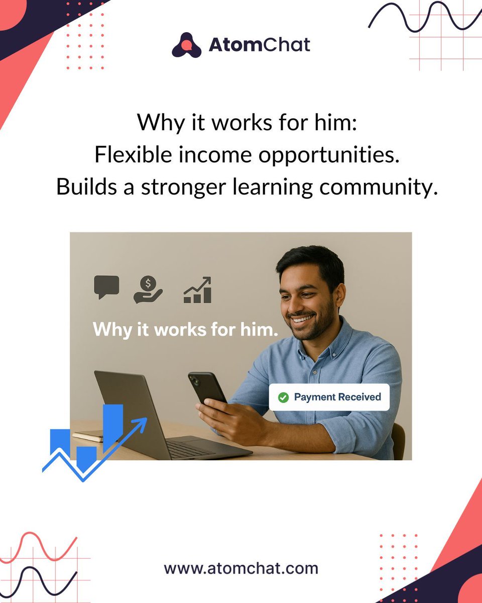 atomchatapp's tweet image. Your lessons are priceless — now they can be profitable too.
With AtomChat, educators can charge per minute, accept donations, and grow their teaching community.
Teach. Engage. Earn.
#AtomChat #Educators #OnlineLearning #EdTech