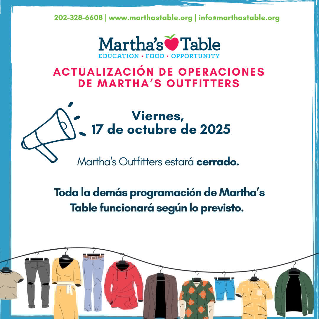 Martha's Outfitters Operation Update: CLOSED
//
ACTUALIZACIÓN DE OPERACIONES: CERRADA
Toda la demás programación de Martha's Table funcionará según lo previsto.