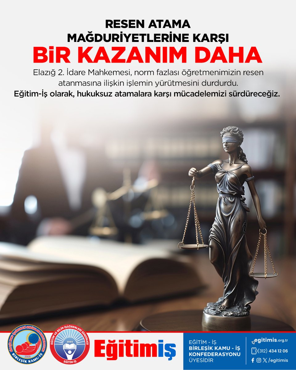 Norm Fazlası Resen Atamalarda Yürütmeyi Durdurma Kararları Devam Ediyor

Ağustos 2025 norm fazlası öğretmenlerin resen atanmasına ilişkin süreçte açtığımız davalardan olumlu sonuçlar gelmeye devam ediyor.

Elazığ 2.İdare Mahkemesi aile birliğinin gözetilmemesi ve ayrıca söz