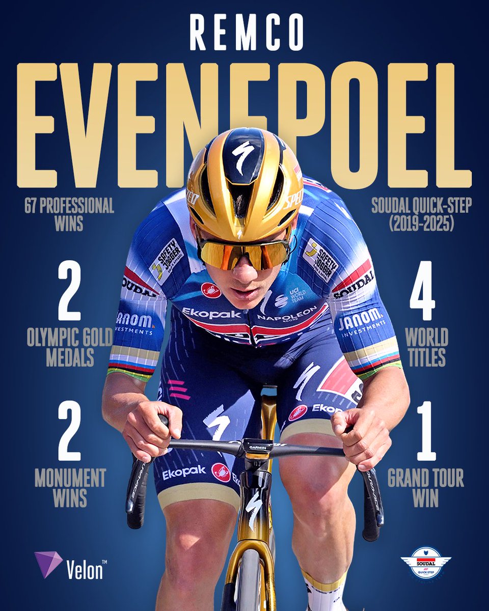 VelonCC's tweet photo. As one chapter ends, another begins 🏆🐺

Remco Evenepoel completed his final race with Soudal Quick-Step at Il Lombardia after seven seasons with The Wolfpack, where he achieved 67 victories. Next year he will join Red Bull–BORA–hansgrohe. 

📸 Sprint Cycling https://t.co/u59BZeCnEy