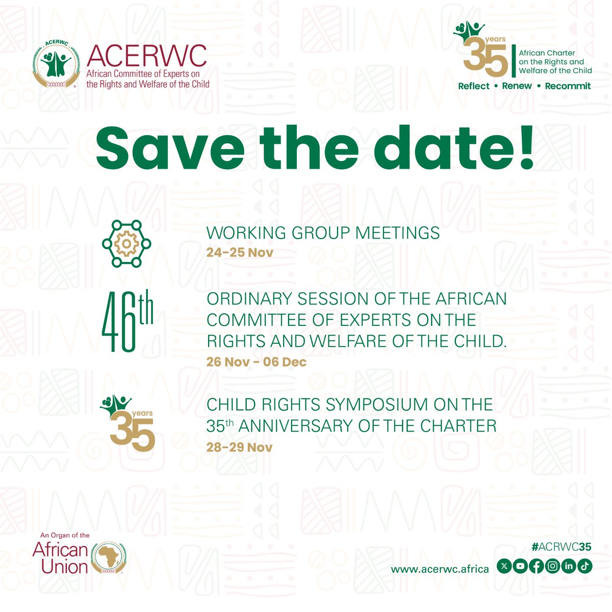 acerwc's tweet image. 📅It is going to be a busy end of November for child rights practitioners in #Maseru, as preparations are underway for #ACERWC46 & the commemoration of #ACRWC35.
Are you planning to attend these events?
Stay tuned and follow our social media channels for updates.
#Agenda2040