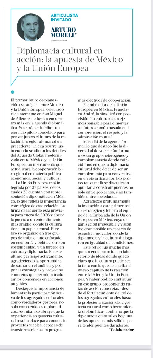 arturomorell's tweet image. “Diplomacia cultural en acción: la apuesta de México y la Unión Europea”
 
✍️ Mi columna en @heraldodemexico 

👉heraldodemexico.com.mx/opinion/2025/1… 
¡ Agradeceré su lectura y comentarios !