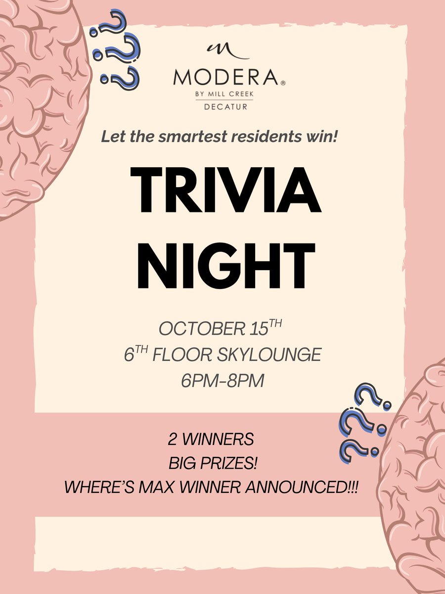 ModeraDecatur's tweet image. TRIVIA NIGHT TONIGHT!!! MEET US IN THE SKYLOUNGE FROM 6-8PM FOR GAMES, SNACKS, &amp;amp; PRIZES🎮🎲🎁