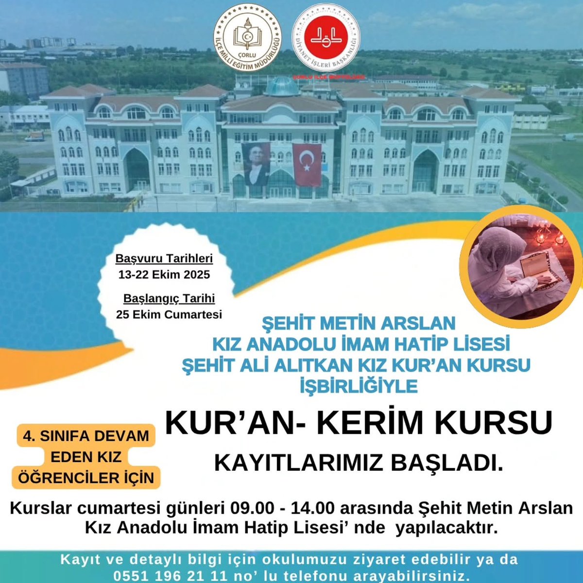 cimder59's tweet photo. Çorlu Şehit Metin Arslan Kız Anadolu İmam Hatip Lisesi Fen ve Sosyal Bilimler Proje Okulunda 4. sınıfa devam eden kız öğrencilerimiz için Kuran-ı Kerim Kursu kayıtları başladı. https://t.co/dHsJNeLint