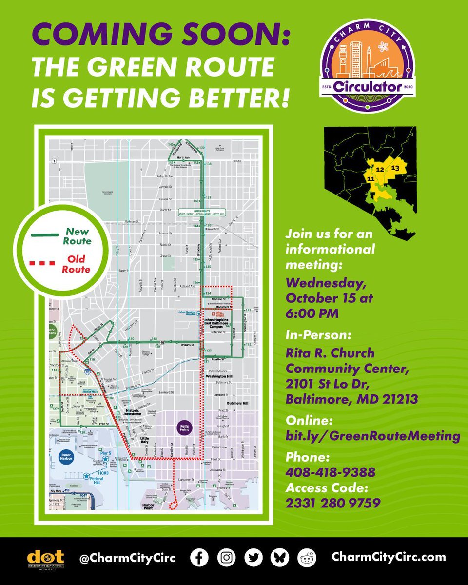 Friendly reminder about today’s meeting about the upcoming Green Route changes! 🟢🚌 Can’t make the meeting in person? No problem — you can join online or by phone!

💻 Online: bit.ly/GreenRouteMeet…
📞 Phone: 408-418-9388
🔢 Access Code: 2331 280 9759

@bmorecitydot