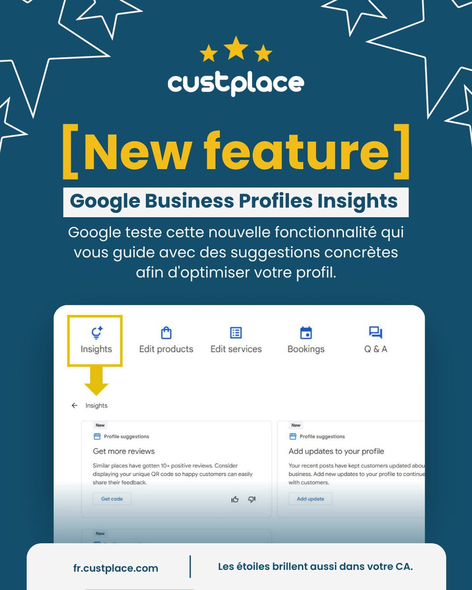 ReviewJobsUS's tweet photo. 🚀 Google teste une nouvelle section « Insights » sur les fiches Business Profile : conseils pour obtenir plus d’avis, ajouter des mises à jour et booster votre visibilité locale ! 🔥 #seolocal #Google #GBP https://t.co/F58Ji5CD70