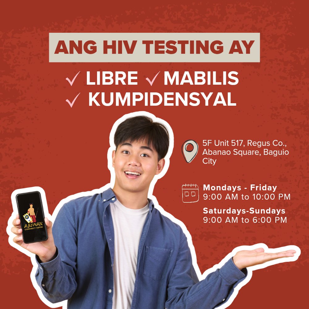 ajuwancc's tweet photo. Nababahala sa gastos o oras? Huwag mag-alala. Ang HIV testing ay mabilis, libre, at kumpidensyal sa FPOP Ajuwan Community Center.

Hanapin ang iba pang HIV Facilities na malapit sa iyong lugar:
https://t.co/MhHJSg2nrP

 #FreeHIVTesting #HIVTesting https://t.co/iv9UfArI4l