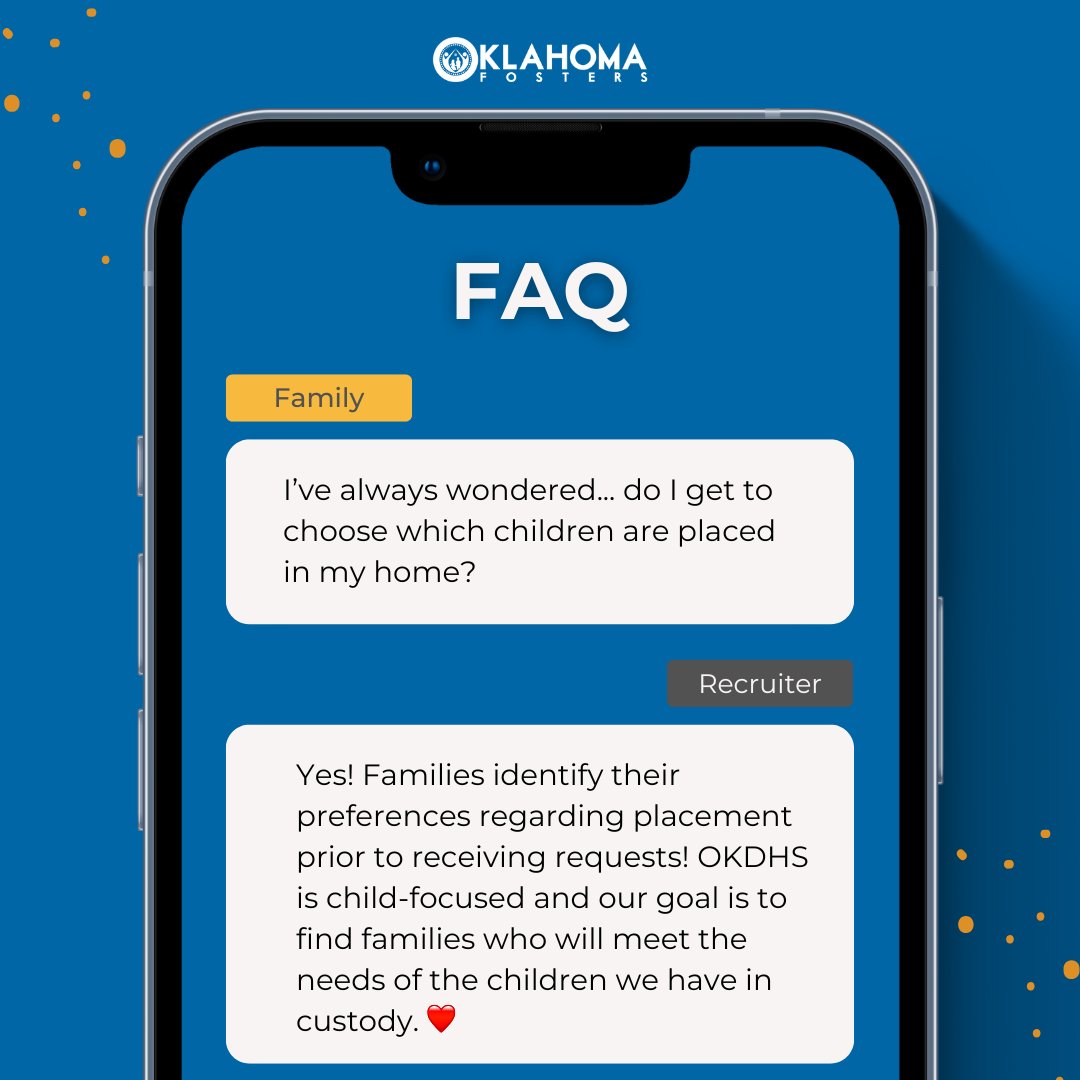 💡 Did you know? ❓

👨‍👩‍👦 Foster families identify their preferences regarding placement prior to receiving placement requests. You can find more answers to frequently asked questions on our website!

🔗: okfosters.org/foster-care/fa…

#OKFosters