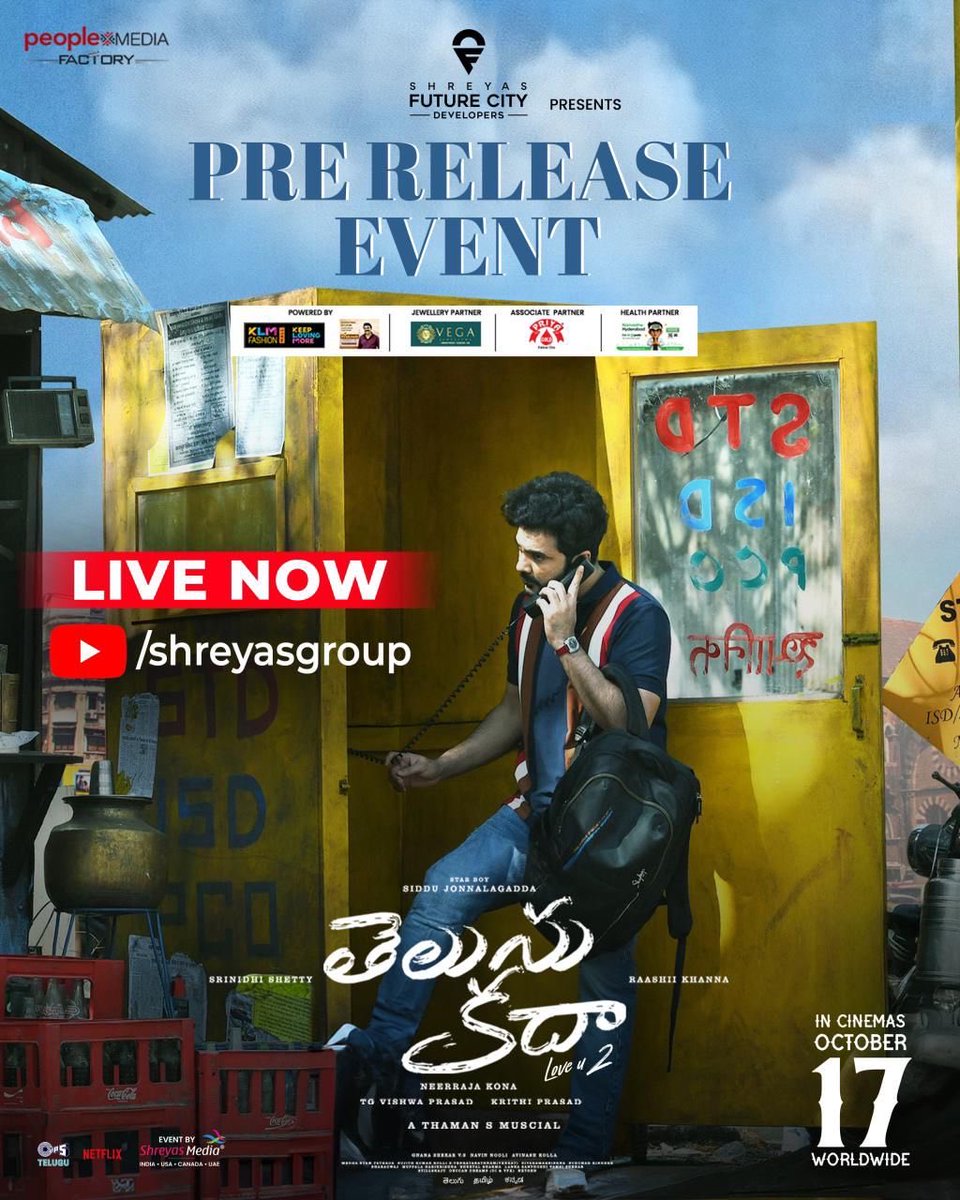 Lets OTT x CINEMA (@letsottxcinema) on Twitter photo The celebration begins, Grand #TelusuKada Pre Release Event is LIVE NOW!🤩
Watch Live Here ▶️ youtu.be/CYtESWmmLVU
Event By <a href="/shreyasgroup/">Shreyas Media</a> ✌️
#TelusuKada in cinemas October 17th.
#LoveU2 #UnapologeticallyRadical #TelusuKadPreReleaseEvent
STAR BOY <a href="/Siddubuoyoffl/">Siddhu Jonnalagadda</a> The celebration begins, Grand #TelusuKada Pre Release Event is LIVE NOW!🤩
Watch Live Here ▶️ youtu.be/CYtESWmmLVU
Event By <a href="/shreyasgroup/">Shreyas Media</a> ✌️
#TelusuKada in cinemas October 17th.
#LoveU2 #UnapologeticallyRadical #TelusuKadPreReleaseEvent
STAR BOY <a href="/Siddubuoyoffl/">Siddhu Jonnalagadda</a>