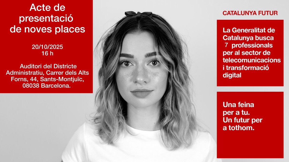 🚀 Ja s'ha publicat l'oferta de places del programa Catalunya Futur de la Direcció General d’Infraestructures Digitals!

🔗 Consulta-les aquí: administraciopublica.gencat.cat/ca/treballar-a…

📝 Inscriu-te a l’acte del 20/10 per saber-ho tot sobre les ofertes: forms.cloud.microsoft/e/qNp5G0WExx