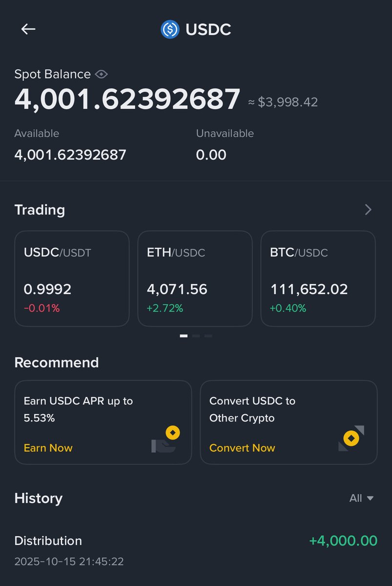Incredibly honoured to receive this amount of USDC by the greatest crypto exchange in the world.

I've only lost about 11K and they still gave me this amount.

I was liquidated with a much higher amount in other CEXs and will receive $0 (rightfully so)

Thank you #Binance