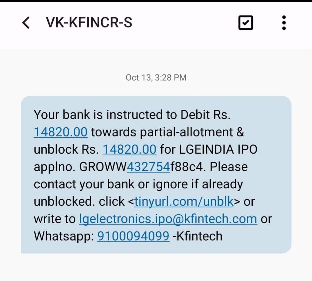 itzMohiit's tweet image. Hi @_groww, I applied for the LG Electronics IPO with two lots and got allotted one lot. However, the refund for the remaining amount is still pending. Could you please check and update?

Also, @TheOfficialSBI, is there any issue from your end?