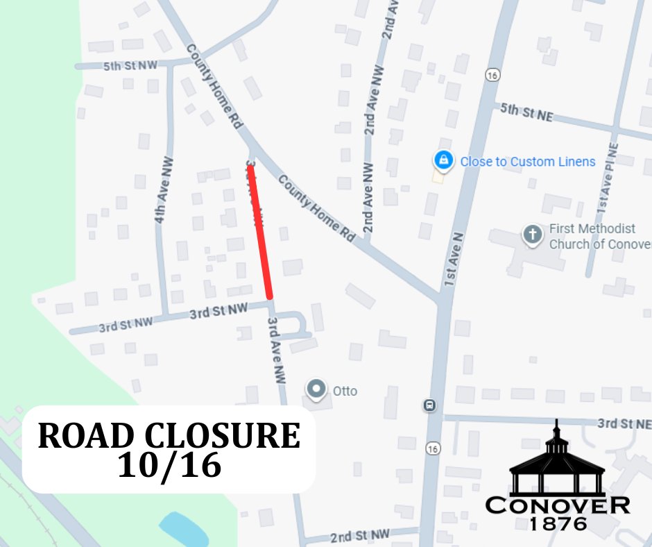 🚧 3rd Ave NW between County Home Rd and 3rd St NW will be closed tomorrow, 10/16 for tree removal.