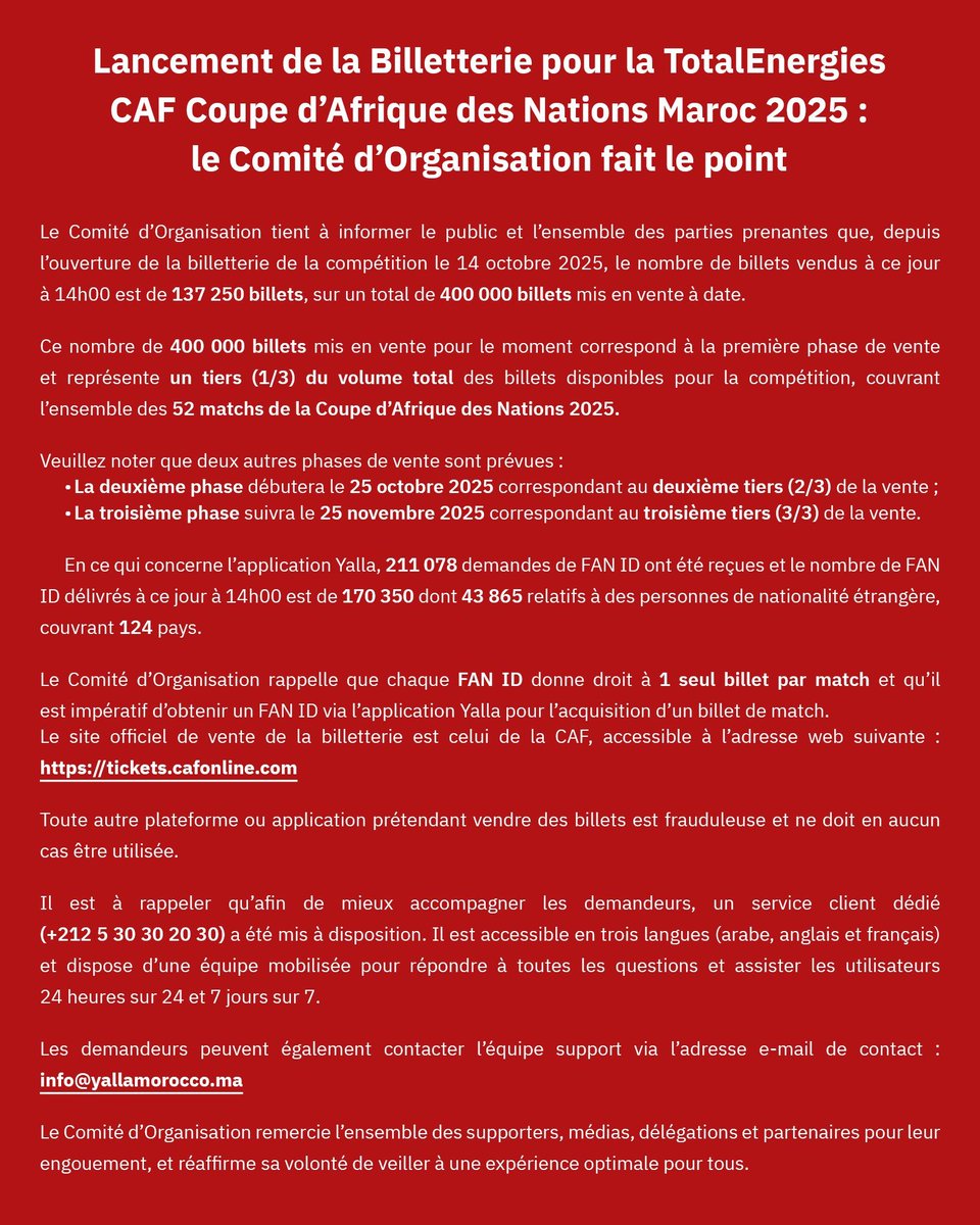 🎟️ Nouvelles ventes CAN 2025 🏆

On connaît les nouvelles phases de vente de tickets ✅

2⃣ 2ème phase le 25 octobre 2025.

3⃣ 3ème phase le 25 novembre 2025.

1/3 des billets de la compétition ont été vendus hier, chaque prochaine phase mettra en vente 1/3 des tickets.

#CAN2025