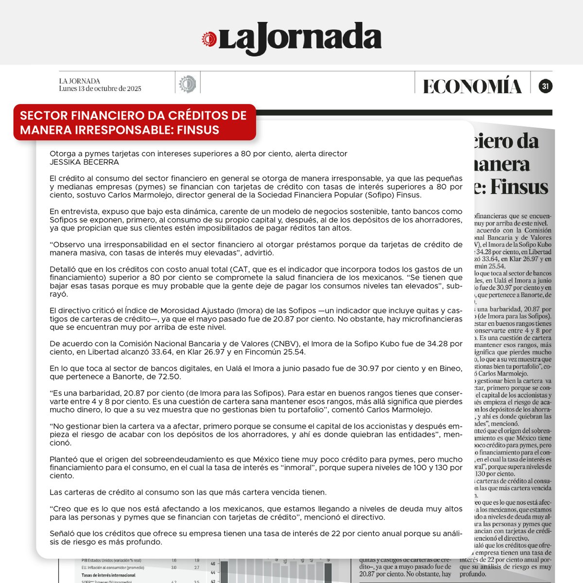 Financiar crecimiento sí; endeudar sin salida, no. 💰

Nuestro CEO <a href="/cmarmolejomx/">Carlos Marmolejo</a>  impulsa una discusión necesaria: cuando el crédito se ofrece sin un modelo sostenible, las familias y las PyMEs cargan con tasas y costos que no pueden pagar. 

➡️ Toca cambiar el juego con reglas