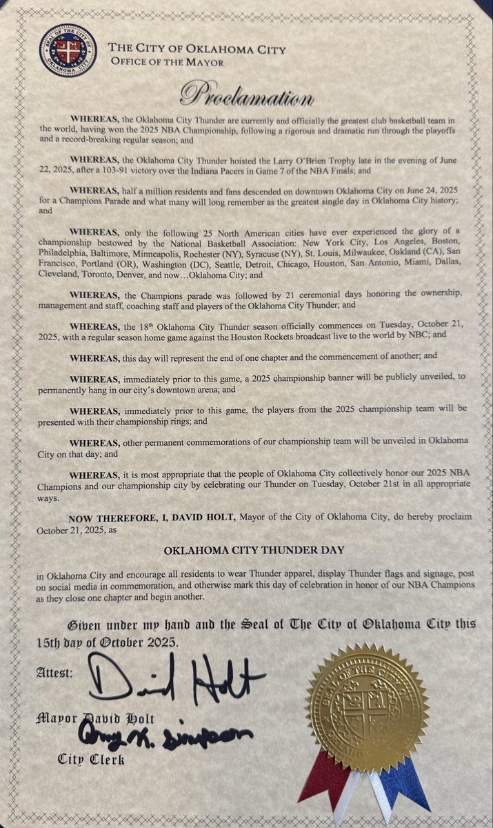 As we bask in the glory of one major accomplishment yesterday, we return to the celebration of another.  This coming Tuesday, our NBA Champion OKC Thunder return to the court.  

Before the game, a permanent championship banner will be unveiled at our arena and the players will