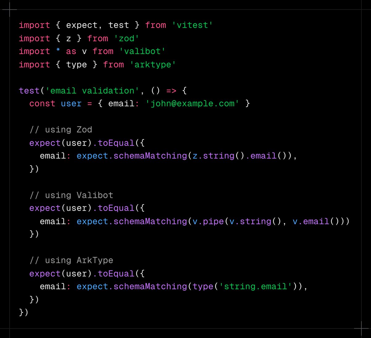 zirkelc_'s tweet image. In the latest beta of @vitest_dev v4, you can now use any standard schema library for your assertions
I worked on a PR to integrate schema matching directly using `expect.schemaMatching(schema)`
It's based on the standard schema spec, that means it works with Zod, Valibot,…
