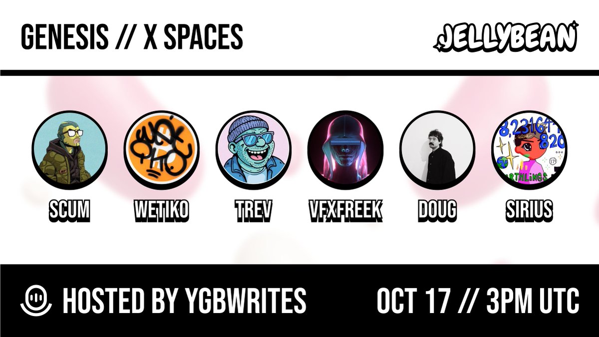 mallow (@mallowdotart) on Twitter photo GENESIS // JELLYBEAN LAUNCH πΈποΈ
Join us Friday for a very special X Space!
We'll be finding out more about the artwork in the Jellybean from each of the artists, including the exclusive content inside two of them!
OCT 17 // 3PM UTC
Jellybean launches at 4PM UTC
Reminder β GENESIS // JELLYBEAN LAUNCH πΈποΈ
Join us Friday for a very special X Space!
We'll be finding out more about the artwork in the Jellybean from each of the artists, including the exclusive content inside two of them!
OCT 17 // 3PM UTC
Jellybean launches at 4PM UTC
Reminder β