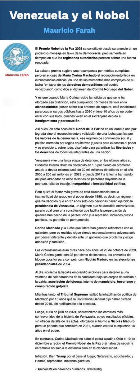 En este año, el Premio Nobel de la Paz no se adjudicó como un laurel a una paz lograda, sino como reconocimiento y validación de una lucha pacífica por los derechos democráticos de un pueblo.
Mi colaboración de hoy en <a href="/El_Universal_Mx/">El Universal</a> 
👇🏼
eluniversal.com.mx/opinion/mauric…