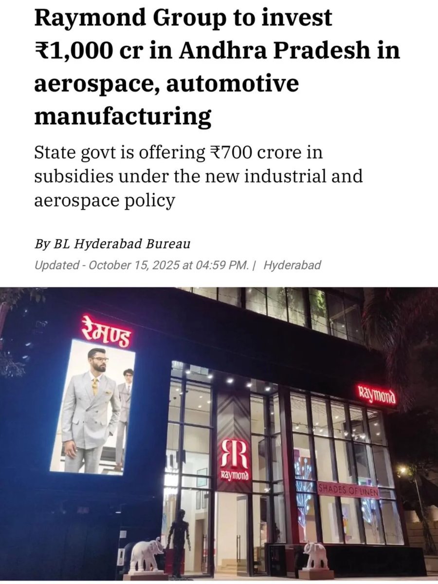 iBharathReddy_'s tweet image. “A in Anantapur now Stands for Aerospace,Automotive” 
Raymond Group investing ₹1,000 Cr in aerospace & automotive manufacturing.
Thanks to @naralokesh garu for making it happen through his vision & efforts. 🙏
#Anantapur #Raymond #APDevelopment #NaraLokesh #InvestInAP