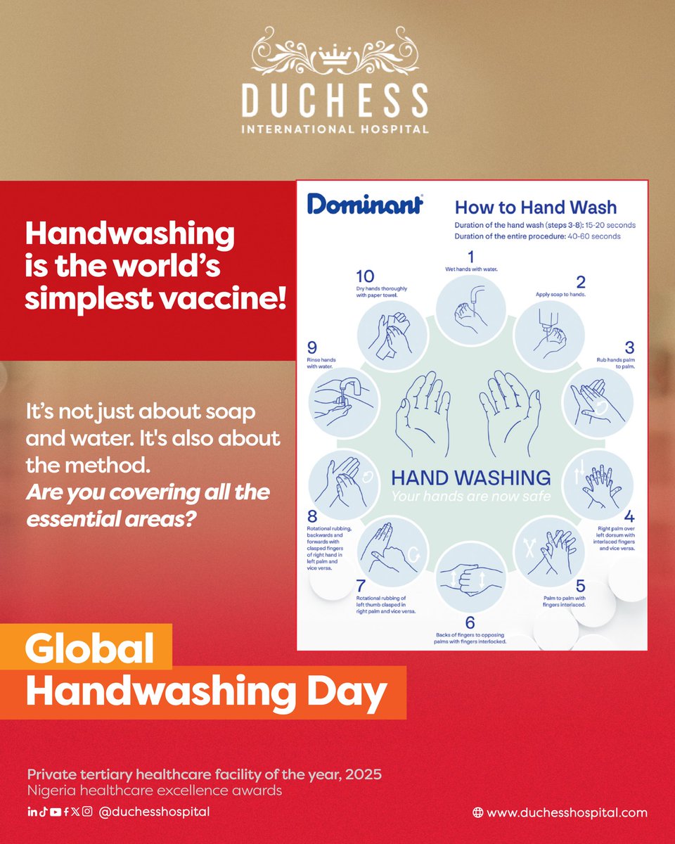 DuchessHospital's tweet photo. Handwashing is the world’s simplest vaccine!
Check the chart above to ensure you’re covering all the essential areas. Perfecting your technique is the most powerful thing you can do for public health today.
#GlobalHandwashingDay2025 #HandHygiene #MethodMatters #DuchessHospital https://t.co/9eaFPuh17m